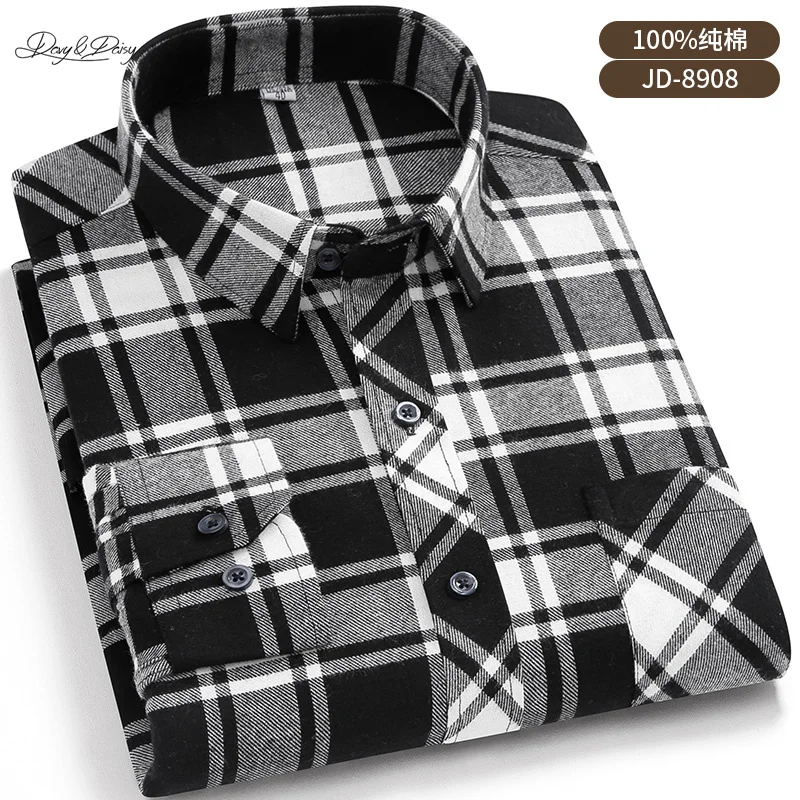 2021 New Men Shirt Long Sleeve High Quality 100% Cotton Business Casual Cloth W/Pocket Plus size 5XL 6XL Gingham Plaid DA465