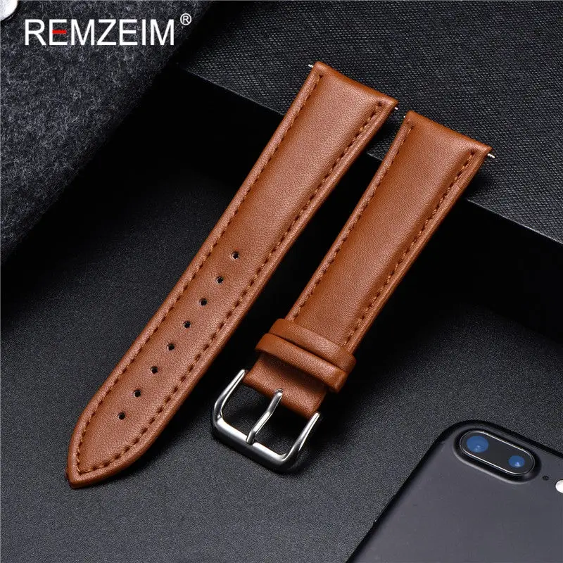 REMZEIM Universal Leather Watchband Strap 16mm 18mm 20mm 22mm 24mm With Stainless Steel Buckle Watch Accessories Black Brown