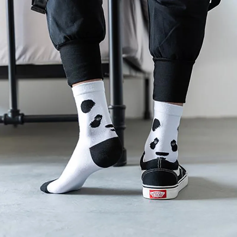 Calcetines cortos blancos y negros para hombre, medias de Hip Hop con dibujos divertidos de animales, Panda, Tigre, Lobo, águila, patrón de