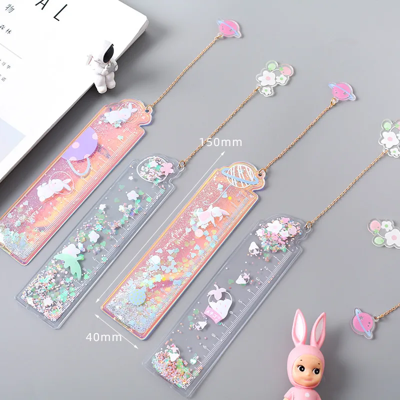 12CM Cute Oil Ruler Quicksand Bookmark Measuring Straight Rulers Pendant Bookmarks Gift Stationery Drafting Supplies