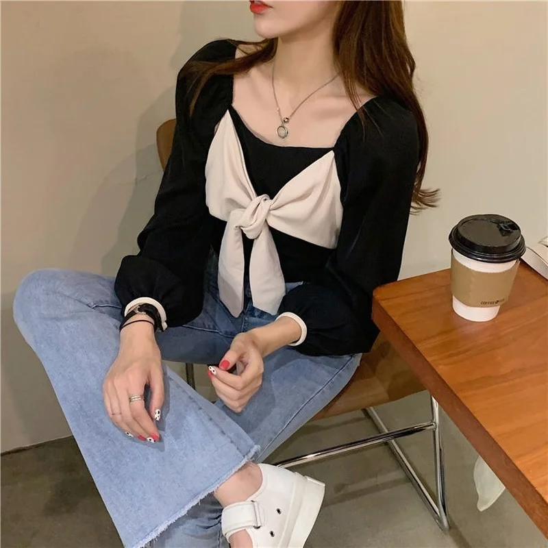 Bow Tie Square Neck Lantern Sleeve Long-sleeved T-shirt Women 2022 New Korean Student Shirt