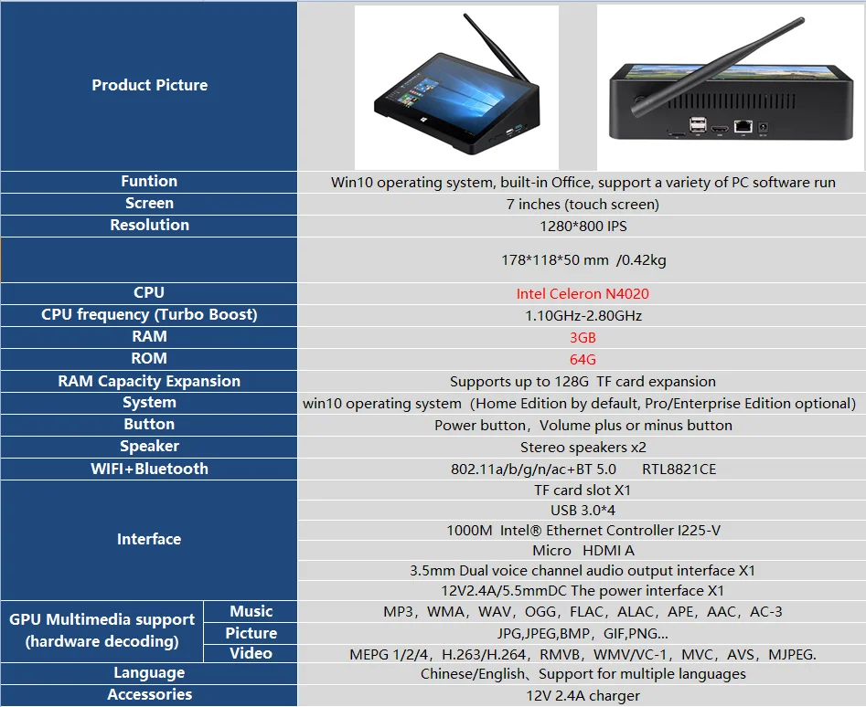 PIPO X8 Pro X8R Mini PC 7 inch 1280*800 Win10 / Android 7.1 / Linux Intel N4020/N3350/RK3288 2G/4G RAM 32G/64G ROM BT Tablet PC