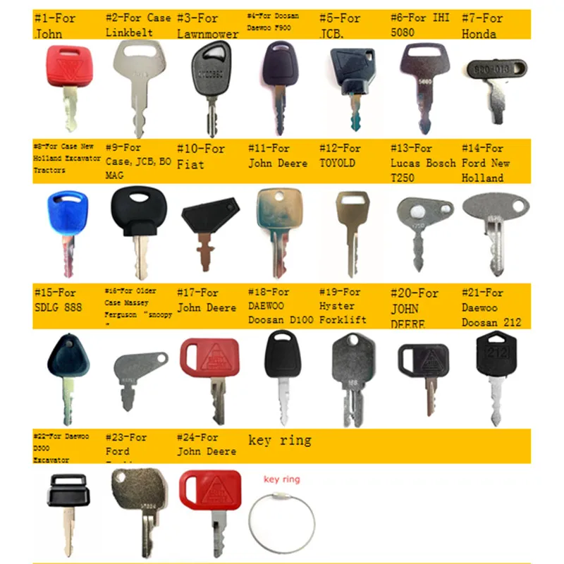 24 key Construction Ignition/Heavy Equipment Key Set for IHI JCB,Case,Fendt,Bomag,Daewoo,Bobcat,Terex,IHI,For JOHN DEERE,Toyold