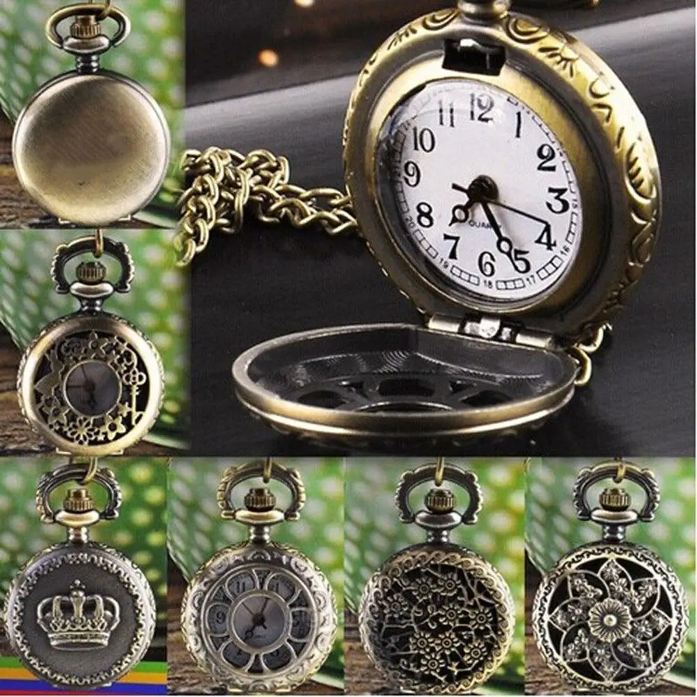 Unisex Vintage Hollow Crown Brązowe kieszonki kwarcowe Sukienka Zegarek Wisiorek Naszyjnik Damskie Sukienka Zegarki Prezent Luksusowy