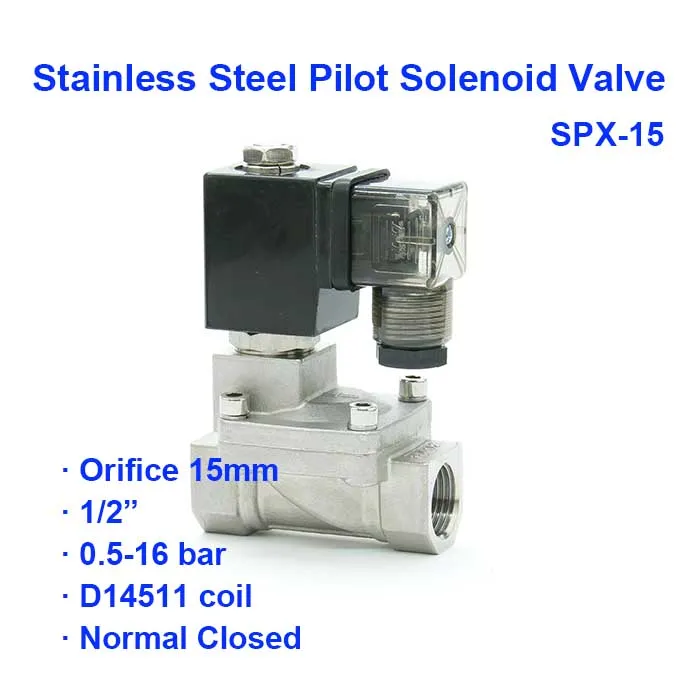 

2 Way Normal Close Low Pressure Pneumatic stainless steel Pilot Solenoid Valve SPX-15 BSP Port G1/2" 0.5-10bar Orifice 15mm