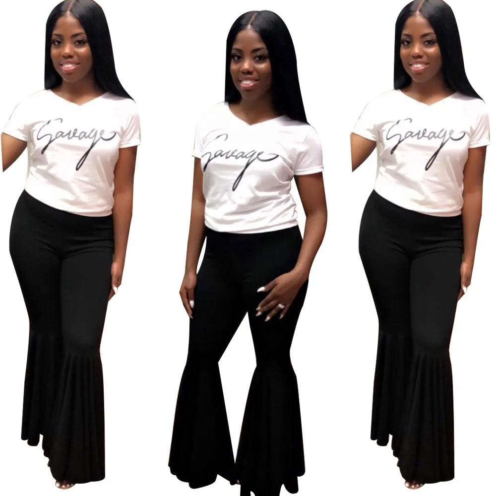 Fashion Ruffle Flare Pants Wide Leg Women Colorful Bodycon Mid Waist Bell-Bottoms Pant Vintage Solid Trouser