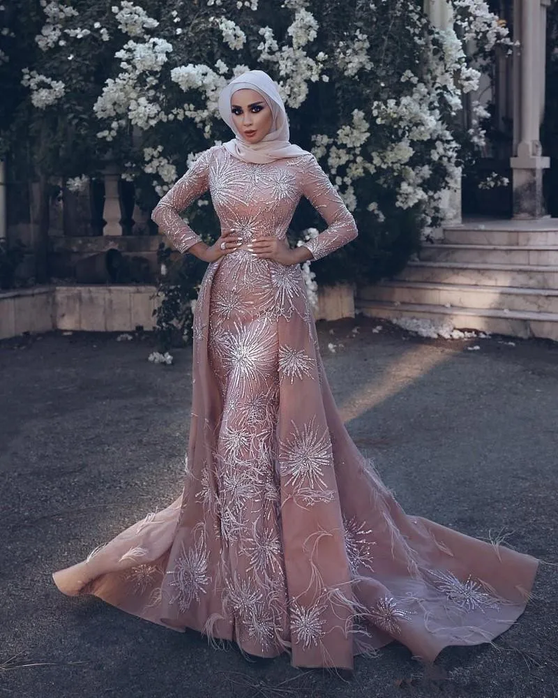 Robe de mariée musulmane rose Blush à manches longues, vêtement de luxe modeste avec perles en cristal, col haut, jupe de mariage, 2020