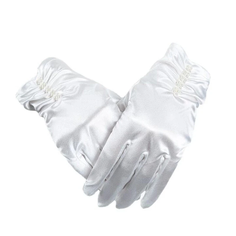 

Women Summer Spandex Satin Pearl Folds Elastic UV Sunscreen Driving Sun Mitten Wedding Dress Short Full Finger Glove Female M75