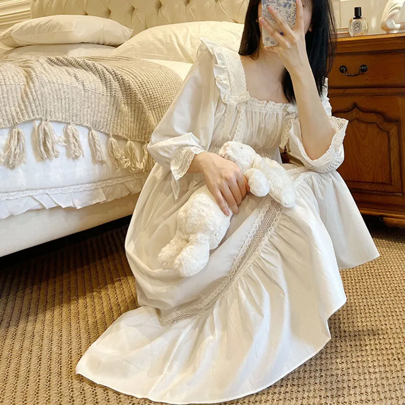 Korea Style Sweet Nightdress Women Square Collar Long Sleeve Vintage Nightgowns Spring Long Ankle-Length Nightie Solid Dresses