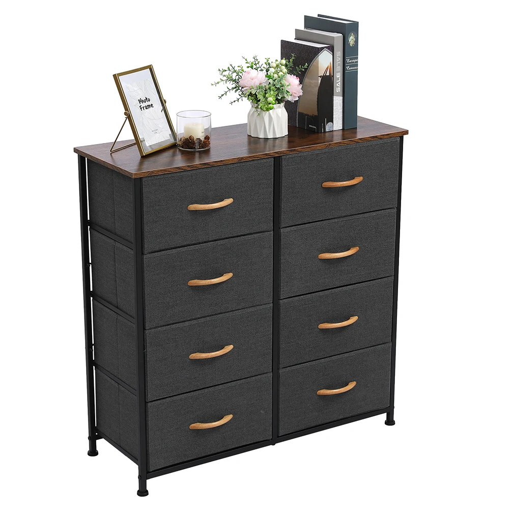 

4-Tier Wide Dresser Storage Unit with 8 Easy Pull Fabric Drawers Metal Frame Wooden Tabletop for Closet Nursery Hallway Gray