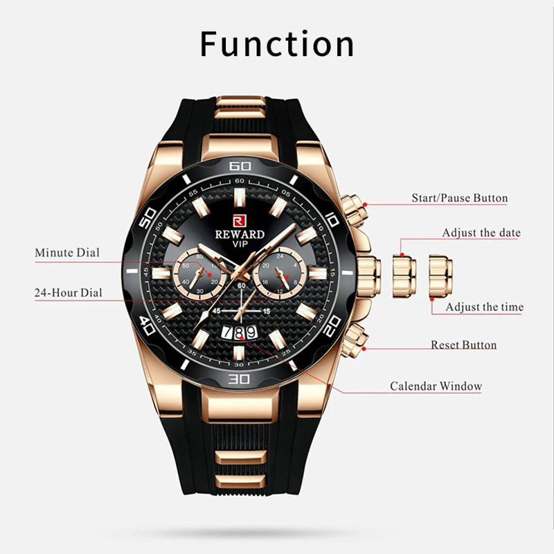 REWARD Men Wristwatches Fashion Business Sport Silicone Strap Watch Luxury Date Waterproof Quartz Chronograph Watches for Men