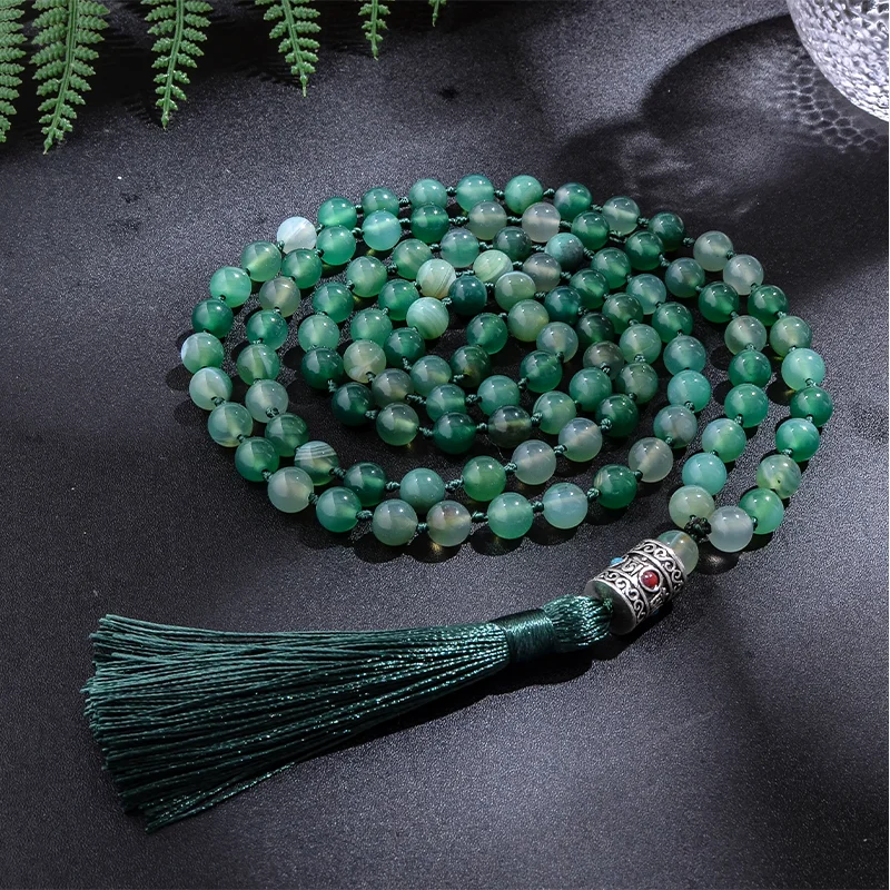 

8mm Green Striped Agate Japamala Knotted Necklace 108 Mala Beaded Meditation Yoga Blessing Jewelry Set Tibetan Pendant