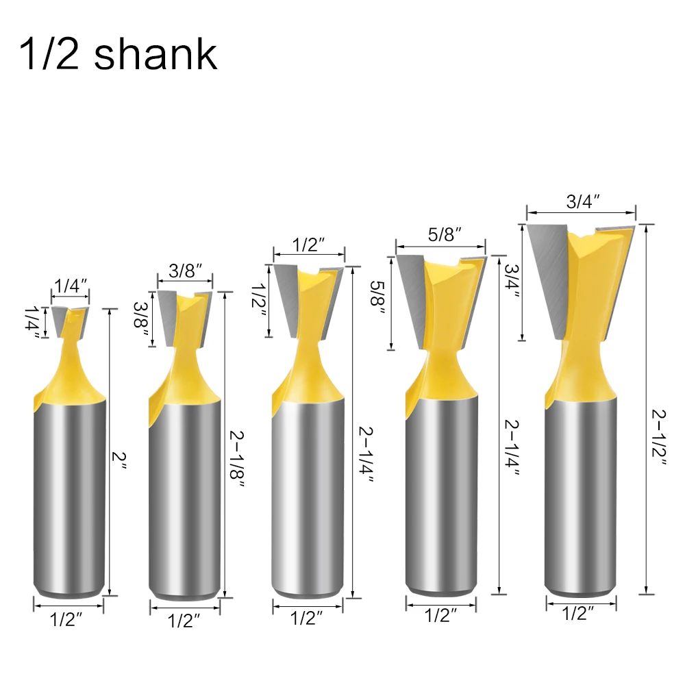 5pcs 12mm Shank 1/2 Dovetail Joint Router Bits Set 14 Degree Woodworking Engraving Bit Milling Cutter for Wood