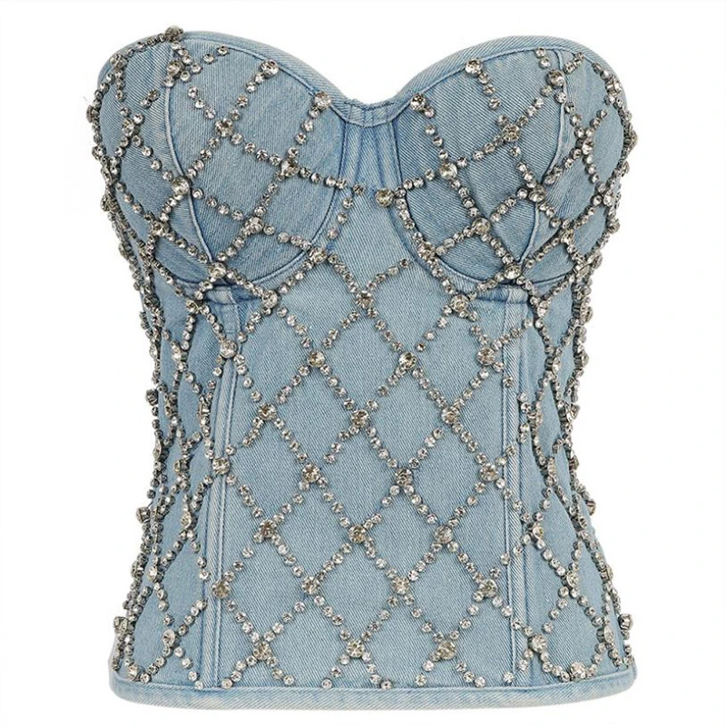 Rhinestone Beads Denim Bustiers Corsets Strapless Side Zipper Night Club Party Dance Uniform Wear Shinny Sexy Vintage Vestios