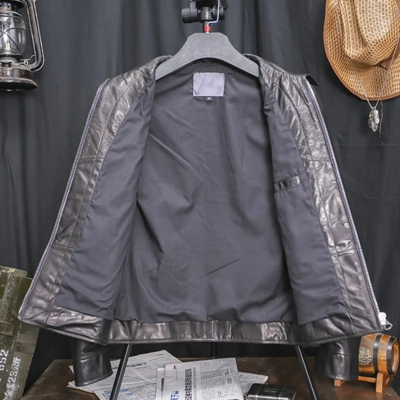 Manteau de motard à revers en peau de mouton pour homme, coupe-vent court, Slim, en cuir véritable, style Punk, décontracté, rétro, pour les affaires, automne