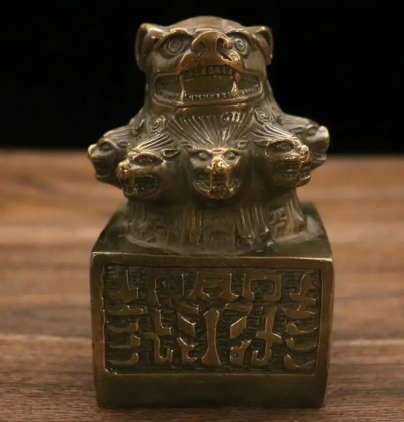 Archaize brass nine head lion seal office desktop decoration small crafts statue