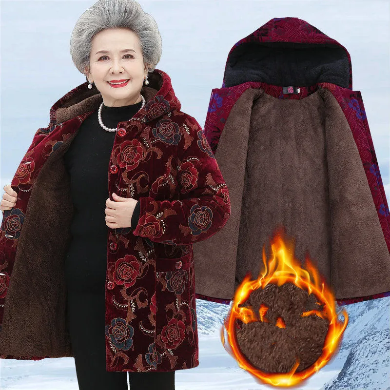 

Grandma Wear Cotton-Padded Coat Middle-Aged Elderly Mother Winter Clothes Women Parkas Plus Velvet Thick Quilted Jacket XL-5XL