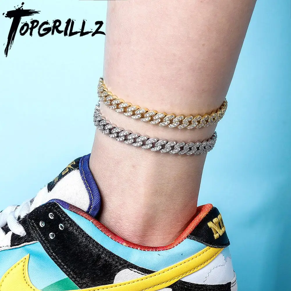 

TOPGRILLZ 2020 New 9mm Anklet Charm Cuban Chain Women's Gold Color Anklet Iced Out Cubic Zirconia Anklet Gift Fashion Jewelry