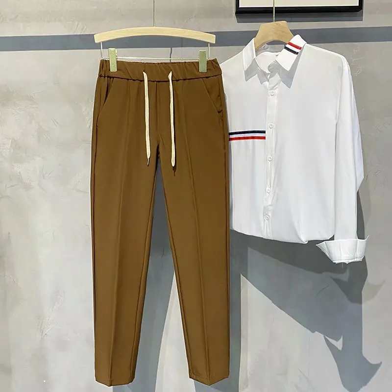 Khaki Drawstring Elastic Waist Men\'s Suit Pants Business Casual Fashion Drape Spring Autumn Male Trousers Office Men Clothing