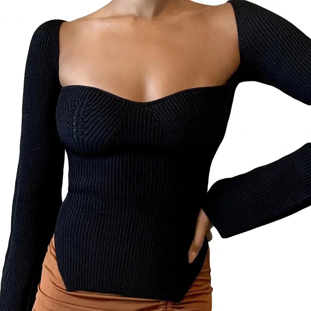 Square Neck Pullover Sweater Sexy Off Shoulder Irregular Hem Knitted Cotton Knitwear Solid Color Long Sleeve Jumpers Top 2021