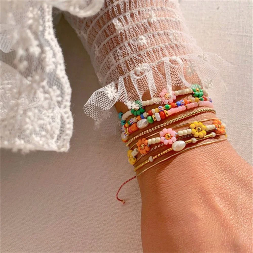 Go2Boho Colorful Daisy Flower Bracelet For Women Y2K Jewelry Fashion Strand Tiny Bracelets Pearl Beaded Stackable Pulseras