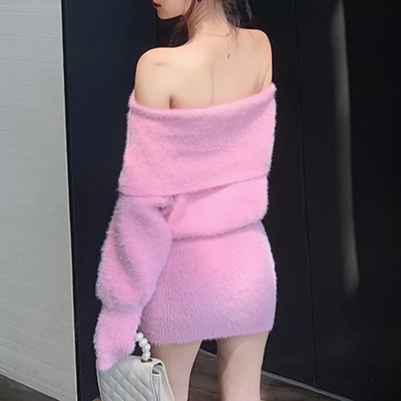 Nowy sweter sukienka kobiety 2022 sweter jednolity kolor koreański moda Sexy Off ramię Bodycon Mini sukienka Femme jesień Vestidos Mujer