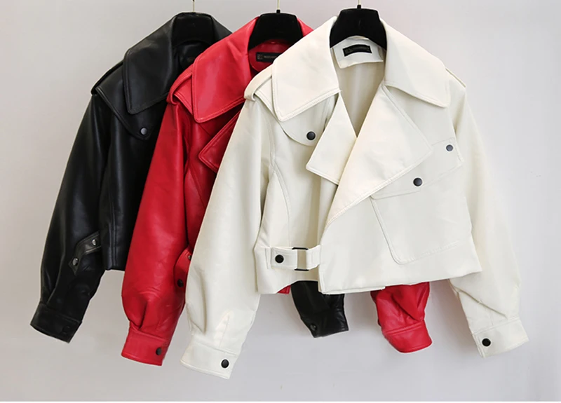 New Spring Women Faux Leather Jacket Biker Red White Coat Turndown Collar PU Motorcycle Jackets Loose Streetwear Outerwear