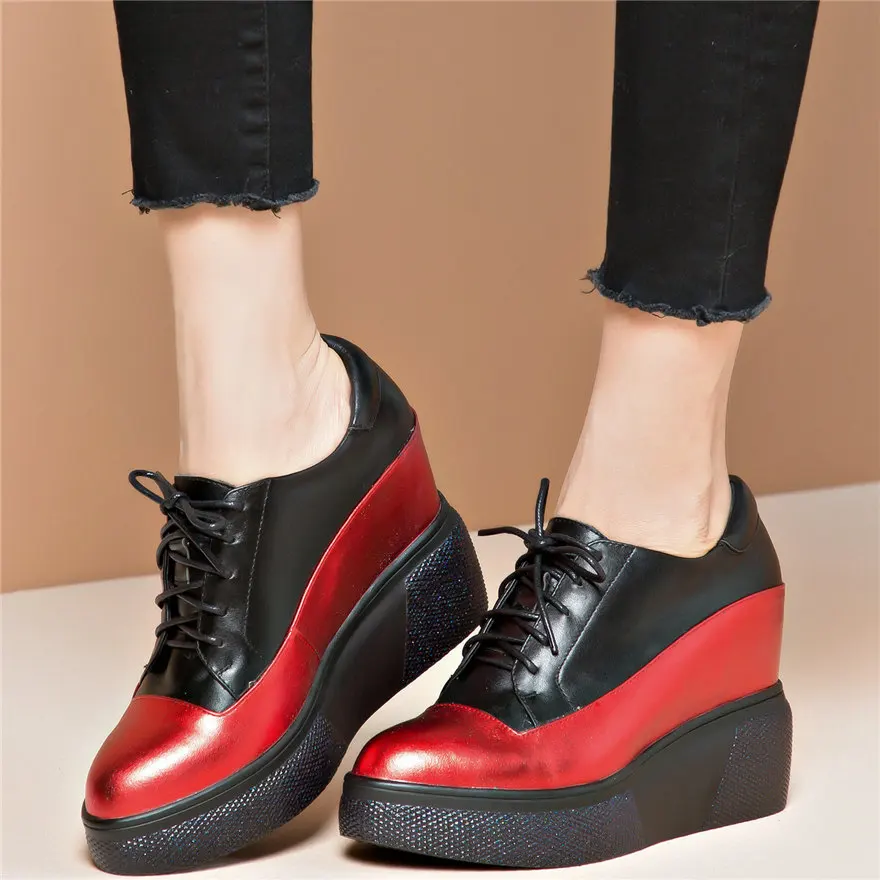 

Trainers Women Lace Up Genuine Leather Platform Wedges High Heel Ankle Boots Female Pointed Toe Fashion Sneakers Casual Shoes