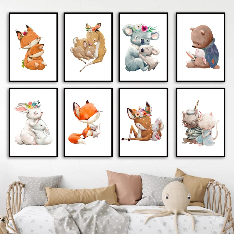 Hug Animals Family Fox Deer Bear koala Cat Bunny Nursery Wall Art Print Canvas Painting Poster Wall Picture Baby Kids Room Decor