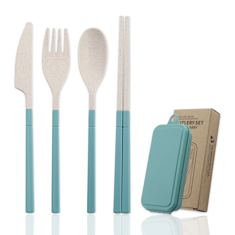 4pcs  Wheat Straw Cutlery Portable Removable Children Dinnerware Box Knife Fork Spoon Chopsticks Student Tableware Sets