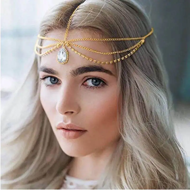 Bohemian bride's forehead sparkle hair chain Rhinestone Wedding Jewelry Gold crystal headchain Indian hair accessories