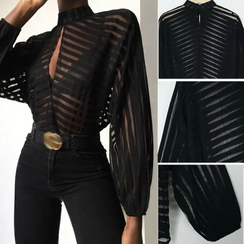 French Style Women Gauze Mesh Net Loose Blouse Sheer Long Sleeve Ladies Shirt Black Front Hollow Lantern Vague Sexy Look Stripe