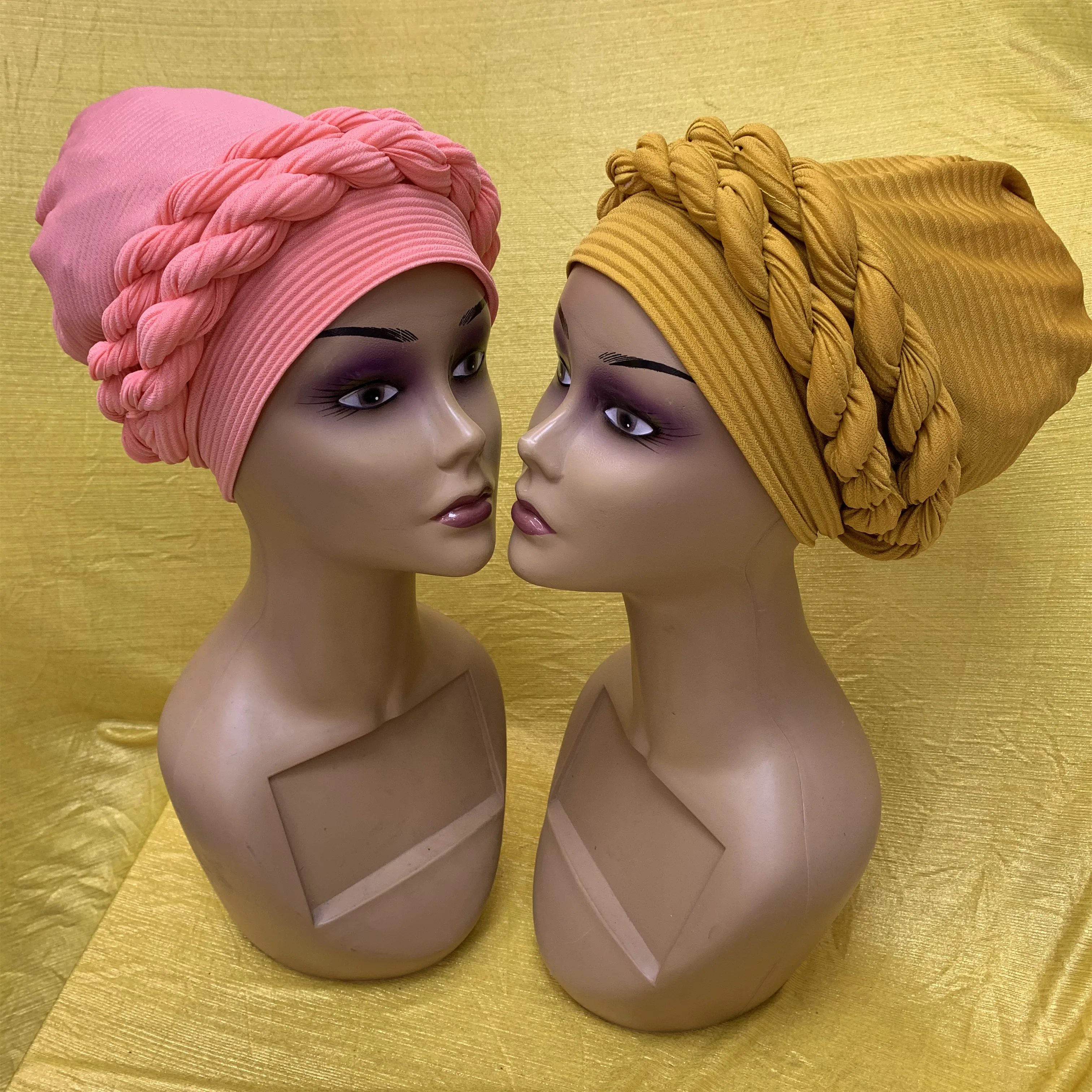 Newest Elegant Turban Hats Women Cap Braid Plain Color Hats Scarfs Head Wrap Headband Girl Hair Accessories 12pcs/pack