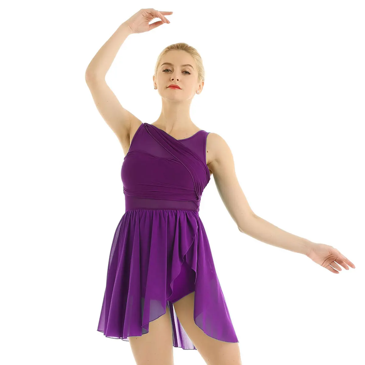 Womens Adult Gymnastics Leotard Skating Ballet Jersey Dress Cut Out Asymmetric Stretchy Tight Fitting Ballet Lyrical Dance Dress