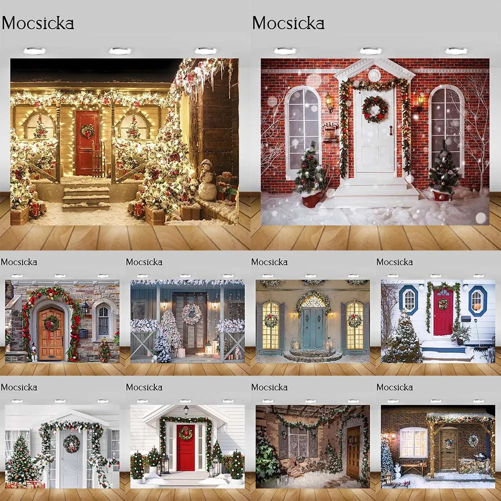 

Mocsicka Front Door Bow Christmas Photography Backdrops Home Stairs Outdoor Xmas Decorations Photo Background Child Photo Shoot