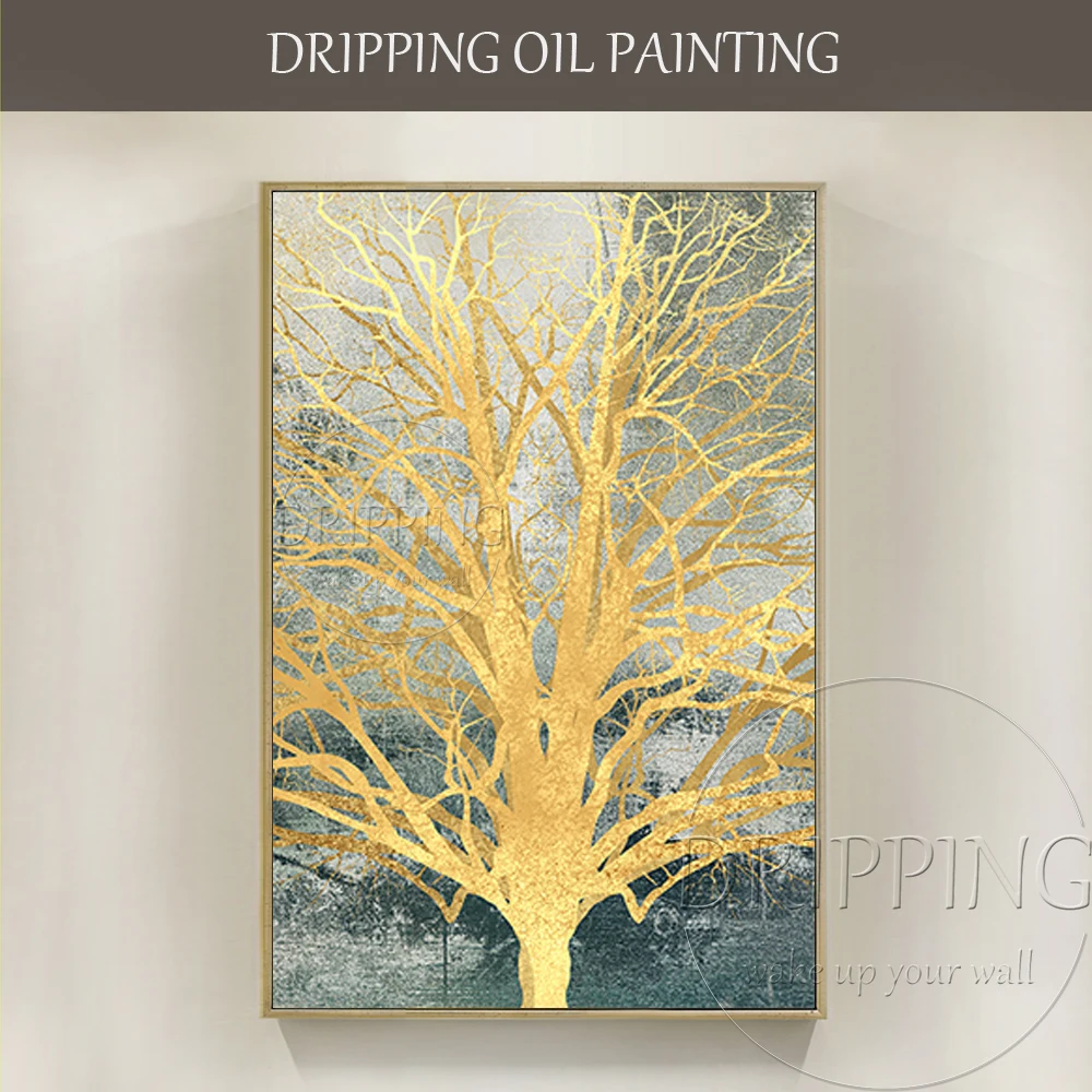 

Hand-painted High Quality Abstract Golden Tree Acrylic Painting on Canvas Rich Golden Tree Acrylic Painting for Living Room Art