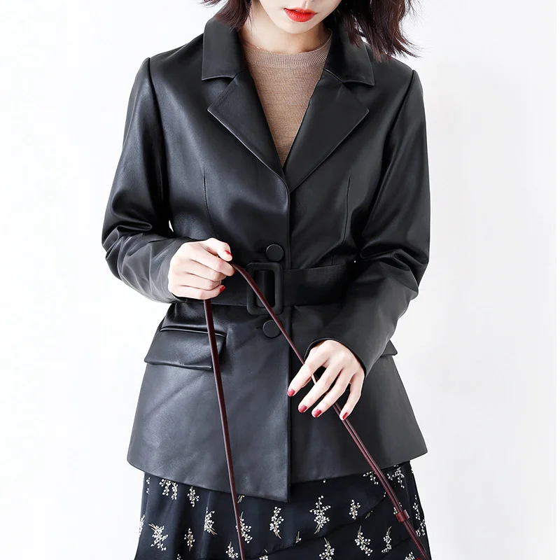 New Slim Faux Leather Coats Women Fashion Soft PU Leather Blazer Jackets Office Ladies Black Elegant Outwear Female With Belt