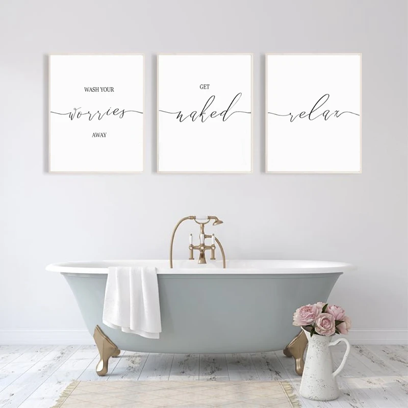 Wash Your Worries Away Print Get Naked & Relax Bathroom Quotes Posters Wall Art Pictures Canvas Painting Guest Bathroom Decor