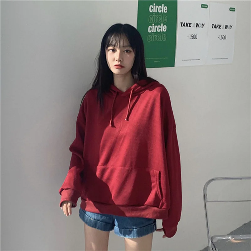 Early Autumn New Korean Version Of Loose Solid Color Hooded Long-sleeved Guard Schoolgirl Ins Hot Sweetshirts Loose 11763