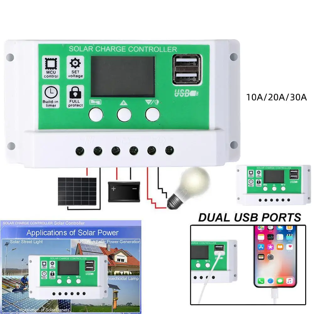 Controlador de carga solar 10a/20a/30a 12v 24v, controle de luz, bateria de lítio, display lcd pwm r, carregador de painel solar usb duplo, novo