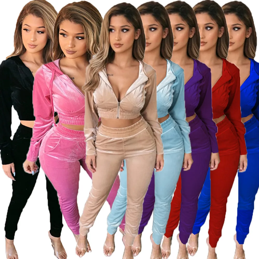 Winter Velvet Crop Jacket and Tracksuit Joggers Plus size Two Piece Set y2k Mujer Jogging Suits for Women Fitness Matching Suits