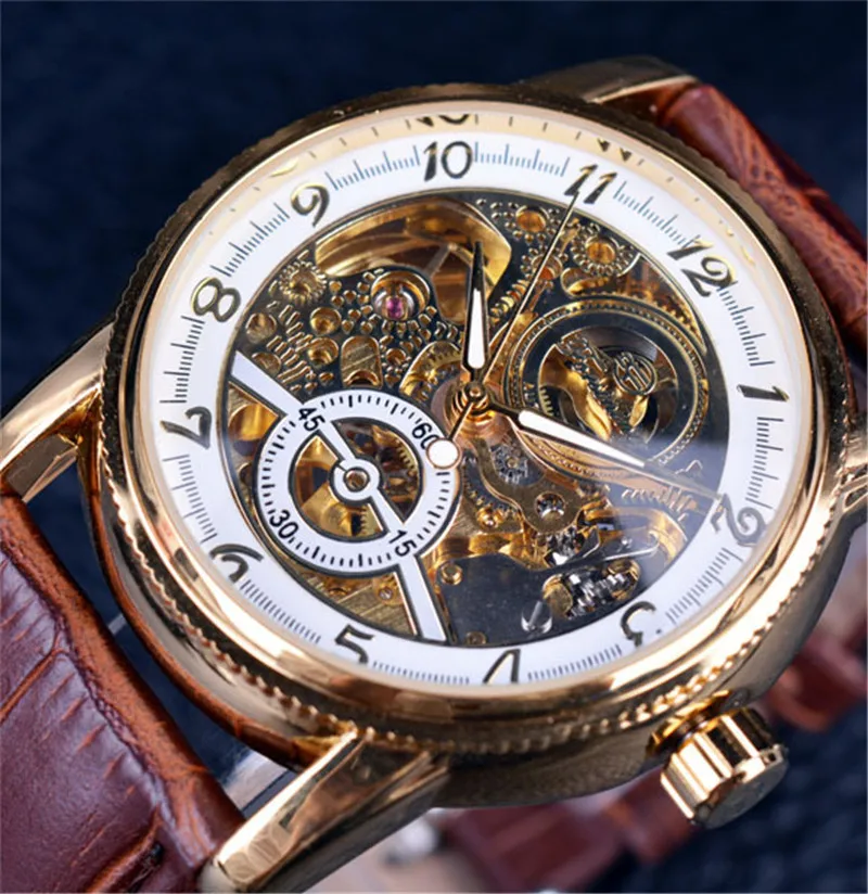 Luxury Winner Brand Golden Case Casual Design Brown Leather Strap Mens Watches Hollow Out Mechanical Skeleton Transparent Watch