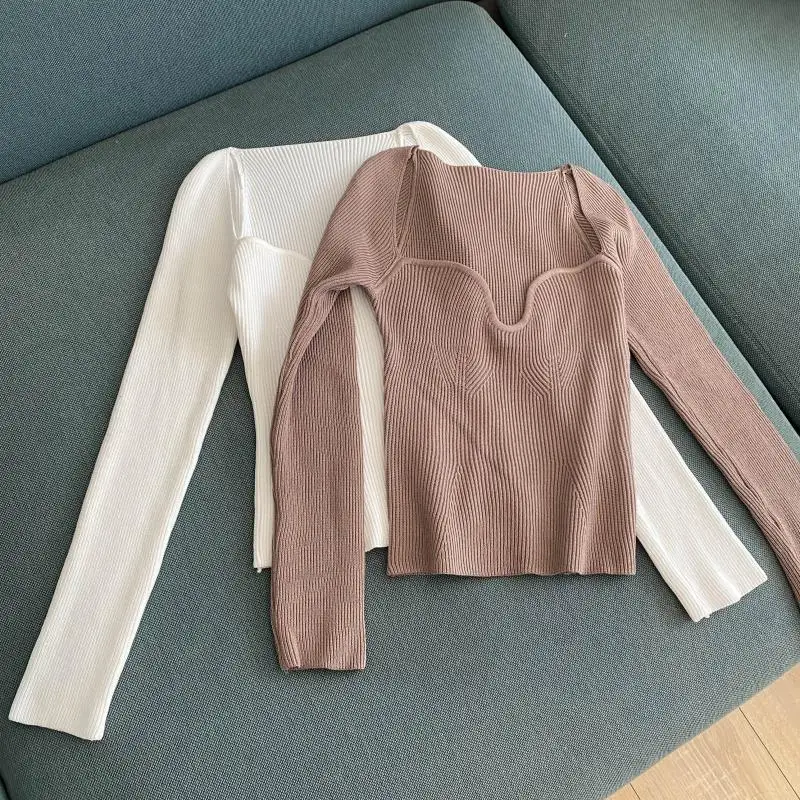 Women Base Sweater Fashion Solid Color Square Collar Inside Wear Knitting Tops Korean Version Temperament Slim Long Sleeve Tops