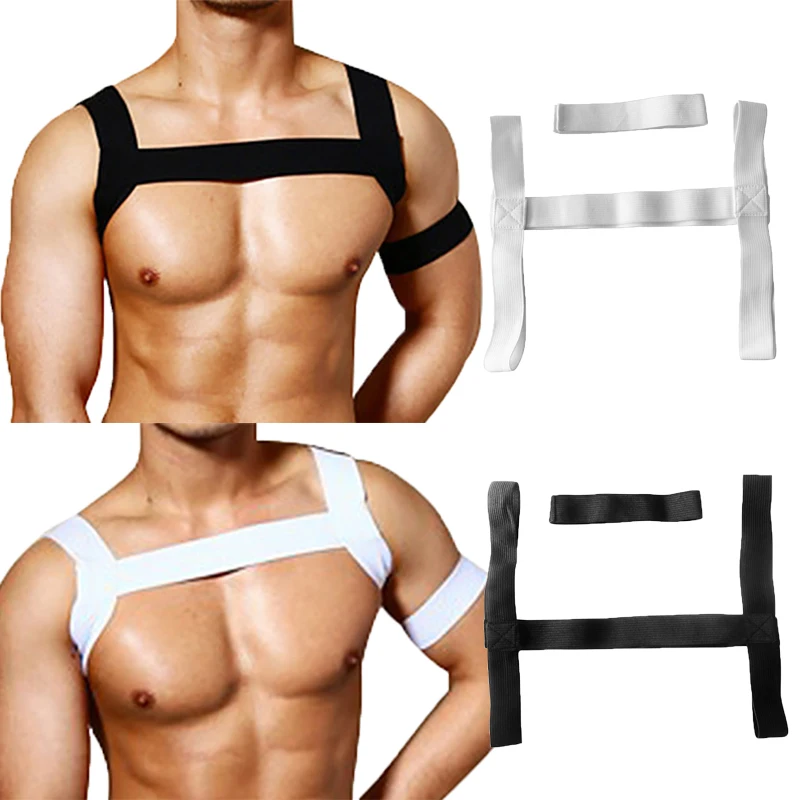 2PCS/Sets Fetish Men Chest Harness Elastic Shoulder Arm Harness Strap Belt Harnas Mannen Stage Costume Clubwear Gay Body Bondage