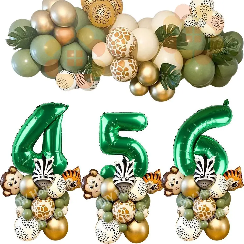 28pcs 1-9 Green Number Balloon Lion Monkey Foil Balloons Tower Kids Jungle Safari Birthday Animal Party Decoration DIY Supply