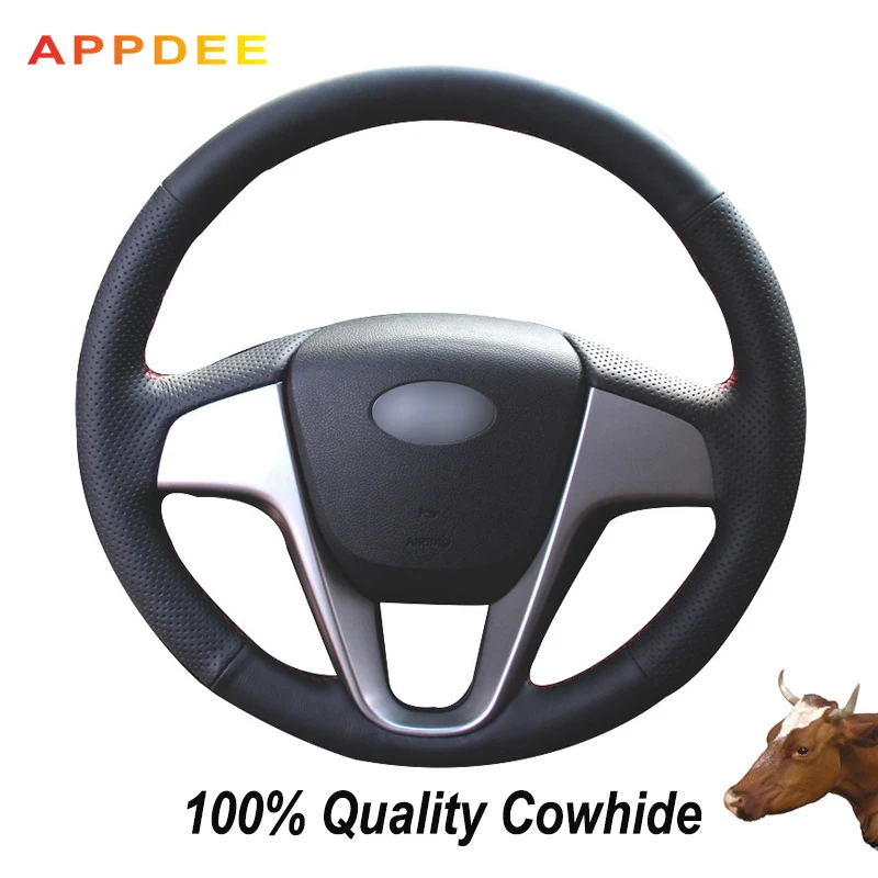 APPDEE Black Genuine Leather  Steering Wheel Cover for Hyundai Solaris Verna I20 Accent