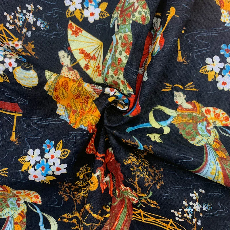 Beautiful 100% Cotton Fabric Black Japanese Style Woman Pattern Digital Print Sewing Material DIY Home Patchwork Dress Clothing