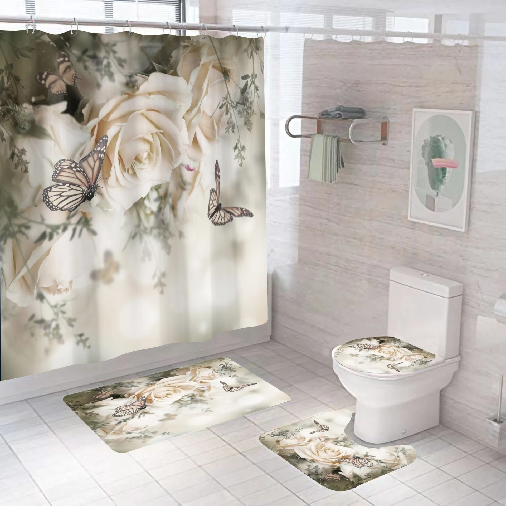 3D Digital Printing Flowers Shower Curtain Waterproof Polyester Bathroom Curtains Colorful Shower Curtain Set Bath Mats Rugs