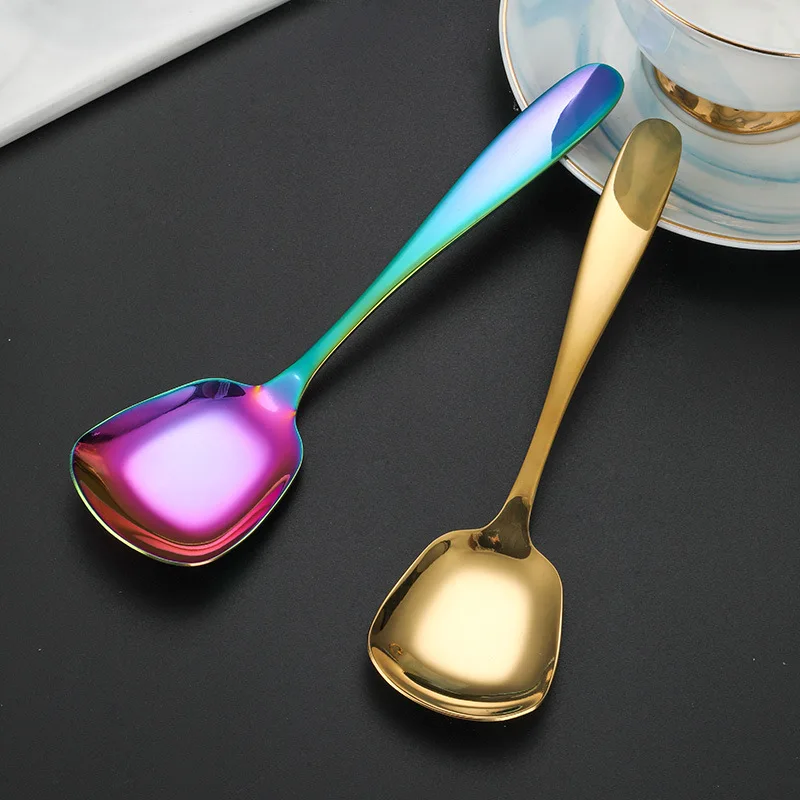 Stainless Steel Square Head Soup Spoon Teaspoons Home Tablespoons Ice Cream Shovel Table Service Kitchen Utensils