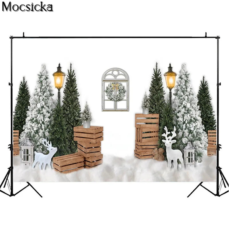 Merry Christmas Photography Background White Snow Scene Christmas Tree Wooden Box Props Child Birthday Portrait Photo Studio